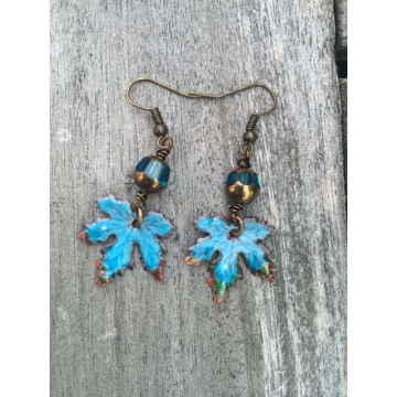 Enamelled maple leaf Earrings in Blue
