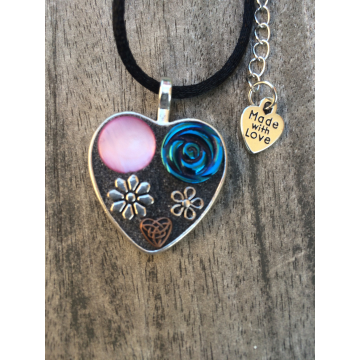 Blue Rose with pink Mosaic Heart Pendant