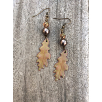 Enamelled Brown Oak leaf Earrings