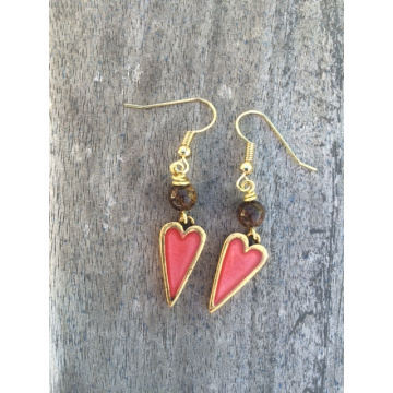 Handpainted Mini Heart Earrings - Gold English Red - Bronzite
