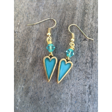 Handpainted Mini Heart Earrings - Gold Turquoise