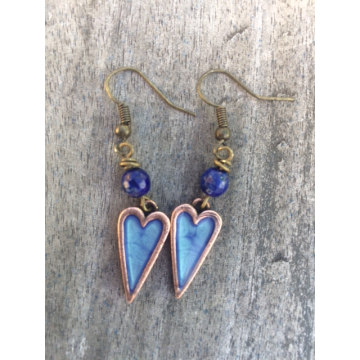 Handpainted Mini Heart Earrings - Copper Blue Lapis