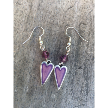 Handpainted Mini Heart Earrings - Silver Purple