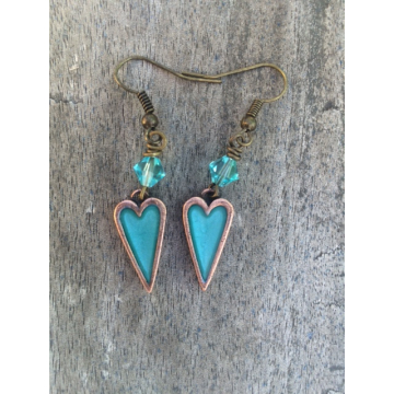 Handpainted Mini Heart Earrings Turquoise-Copper