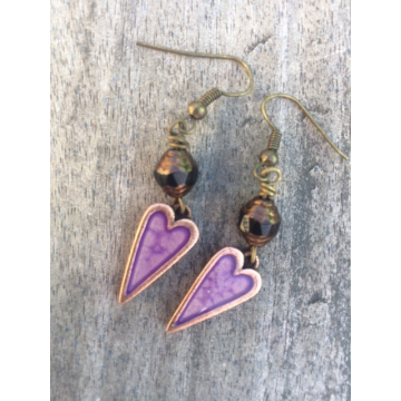 Handpainted Mini Heart Earrings - Copper Purple