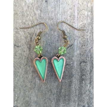 Handpainted Mini Heart Earrings - Copper Green